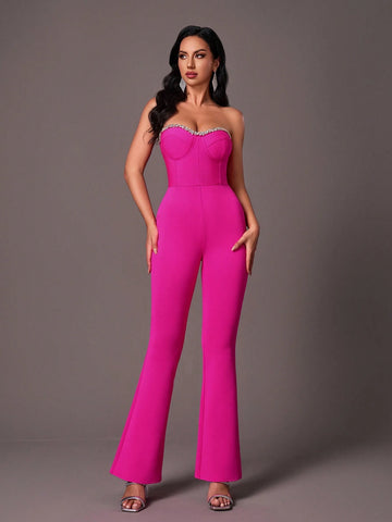 Glamorous Rhinestone Embellished Bustier Jumpsuit With Padded Cups Glamorous Rhinestone Embellished Bustier Jumpsuit With Padded Cups