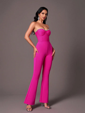 Glamorous Rhinestone Embellished Bustier Jumpsuit With Padded Cups Glamorous Rhinestone Embellished Bustier Jumpsuit With Padded Cups