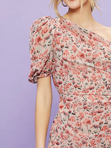Belle One Shoulder Ruched Ruffle Hem Floral Dress Belle One Shoulder Ruched Ruffle Hem Floral Dress