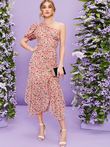 Belle One Shoulder Ruched Ruffle Hem Floral Dress Belle One Shoulder Ruched Ruffle Hem Floral Dress