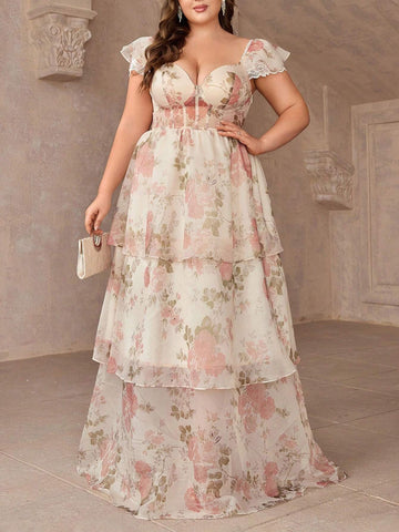 Plus Size Floral Print Dress With Sweetheart Collar, Multi-Layered Sweet And Romantic Bridesmaid Dress Plus Size Floral Print Dress With Sweetheart Collar, Multi-Layered Sweet And Romantic Bridesmaid Dress
