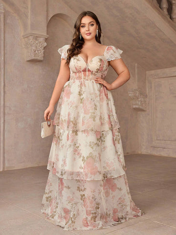 Plus Size Floral Print Dress With Sweetheart Collar, Multi-Layered Sweet And Romantic Bridesmaid Dress Plus Size Floral Print Dress With Sweetheart Collar, Multi-Layered Sweet And Romantic Bridesmaid Dress