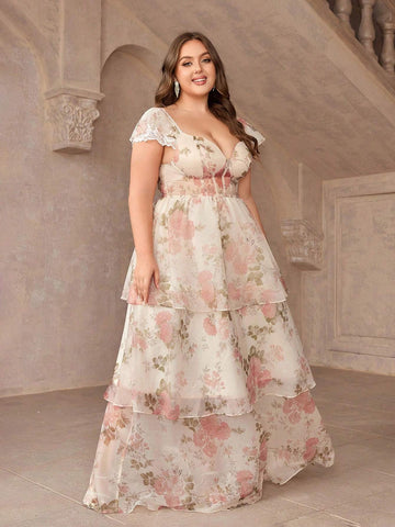 Plus Size Floral Print Dress With Sweetheart Collar, Multi-Layered Sweet And Romantic Bridesmaid Dress Plus Size Floral Print Dress With Sweetheart Collar, Multi-Layered Sweet And Romantic Bridesmaid Dress