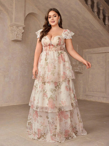 Plus Size Floral Print Dress With Sweetheart Collar, Multi-Layered Sweet And Romantic Bridesmaid Dress Plus Size Floral Print Dress With Sweetheart Collar, Multi-Layered Sweet And Romantic Bridesmaid Dress