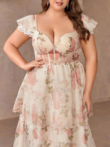 Plus Size Floral Print Dress With Sweetheart Collar, Multi-Layered Sweet And Romantic Bridesmaid Dress Plus Size Floral Print Dress With Sweetheart Collar, Multi-Layered Sweet And Romantic Bridesmaid Dress
