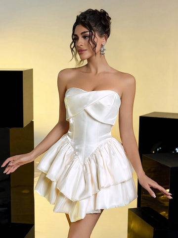 Romantic, Elegant, Noble, Milky White, Satin, Tube Top, High Waist, Double Layer Cake Skirt, Princess Skirt, Suitable For Bachelorette Party, Wedding, Graduation Ceremony, Prom Dress Romantic, Elegant, Noble, Milky White, Satin, Tube Top, High Waist, Double Layer Cake Skirt, Princess Skirt, Suitable For Bachelorette Party, Wedding, Graduation Ceremony, Prom Dress