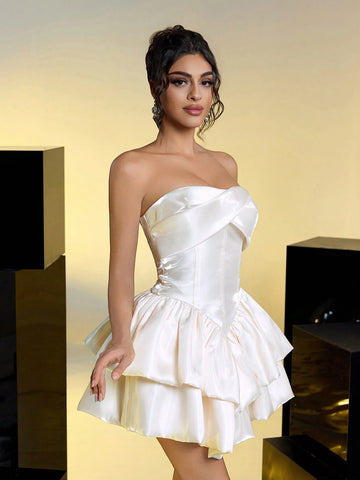 Romantic, Elegant, Noble, Milky White, Satin, Tube Top, High Waist, Double Layer Cake Skirt, Princess Skirt, Suitable For Bachelorette Party, Wedding, Graduation Ceremony, Prom Dress Romantic, Elegant, Noble, Milky White, Satin, Tube Top, High Waist, Double Layer Cake Skirt, Princess Skirt, Suitable For Bachelorette Party, Wedding, Graduation Ceremony, Prom Dress