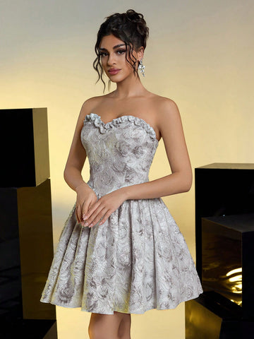 Romantic, Elegant, Sweet, Silver Gray, Glitter, Jacquard Fabric, Off-Shoulder, Tube Top, Waist, Umbrella Hem, Birthday Party, Wedding Event, Prom Dress Romantic, Elegant, Sweet, Silver Gray, Glitter, Jacquard Fabric, Off-Shoulder, Tube Top, Waist, Umbrella Hem, Birthday Party, Wedding Event, Prom Dress