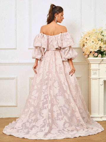 Romantic Off Shoulder Bridal Gown With Cutout Details, Bubble Sleeves And Asymmetrical Hem Romantic Off Shoulder Bridal Gown With Cutout Details, Bubble Sleeves And Asymmetrical Hem