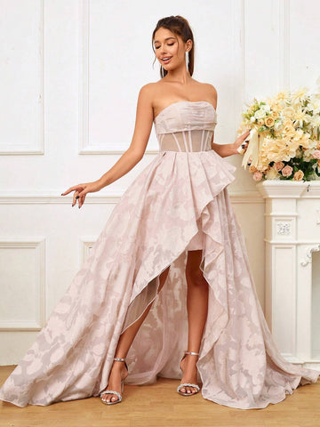 Romantic Off Shoulder Bridal Gown With Cutout Details, Bubble Sleeves And Asymmetrical Hem Romantic Off Shoulder Bridal Gown With Cutout Details, Bubble Sleeves And Asymmetrical Hem