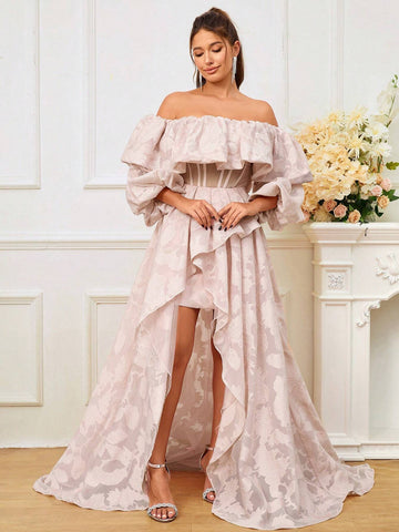 Romantic Off Shoulder Bridal Gown With Cutout Details, Bubble Sleeves And Asymmetrical Hem Romantic Off Shoulder Bridal Gown With Cutout Details, Bubble Sleeves And Asymmetrical Hem