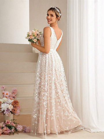 V-Neck Lace Floral Embroidery Dress V-Neck Lace Floral Embroidery Dress