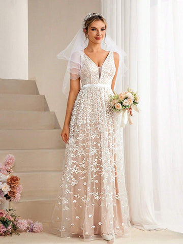 V-Neck Lace Floral Embroidery Dress V-Neck Lace Floral Embroidery Dress