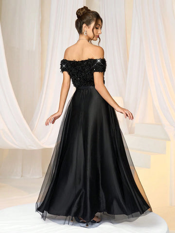 Women Elegant Formal Dress, Solid Color Off-Shoulder Net Mesh Women Elegant Formal Dress, Solid Color Off-Shoulder Net Mesh