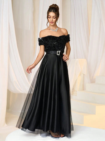 Women Elegant Formal Dress, Solid Color Off-Shoulder Net Mesh Women Elegant Formal Dress, Solid Color Off-Shoulder Net Mesh