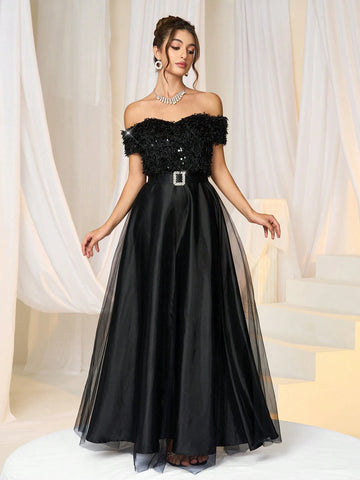 Women Elegant Formal Dress, Solid Color Off-Shoulder Net Mesh Women Elegant Formal Dress, Solid Color Off-Shoulder Net Mesh