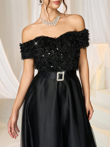 Women Elegant Formal Dress, Solid Color Off-Shoulder Net Mesh Women Elegant Formal Dress, Solid Color Off-Shoulder Net Mesh