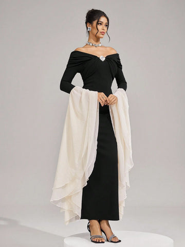 Women's Elegant Knitted Black Patchwork Waist Rhinestone Buckle Pencil Dress Women's Elegant Knitted Black Patchwork Waist Rhinestone Buckle Pencil Dress