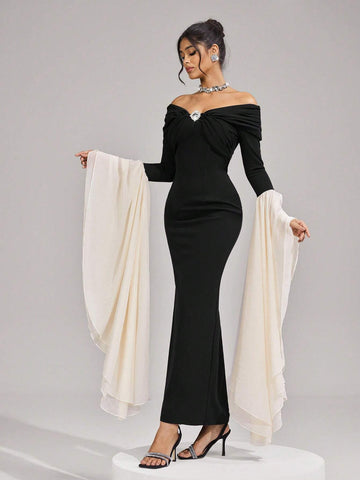 Women's Elegant Knitted Black Patchwork Waist Rhinestone Buckle Pencil Dress Women's Elegant Knitted Black Patchwork Waist Rhinestone Buckle Pencil Dress