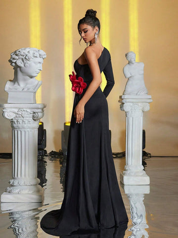 Women's Romantic Elegant Black One Shoulder Long Sleeve 3D Floral Bodycon Fishtail High Slit Side Large Flowy Evening Dress For Formal Evenings And Celebration Occasions Heavy Work Evening Dress (Removable 3D Floral) Women's Romantic Elegant Black One Shoulder Long Sleeve 3D Floral Bodycon Fishtail High Slit Side Large Flowy Evening Dress For Formal Evenings And Celebration Occasions Heavy Work Evening Dress (Removable 3D Floral)