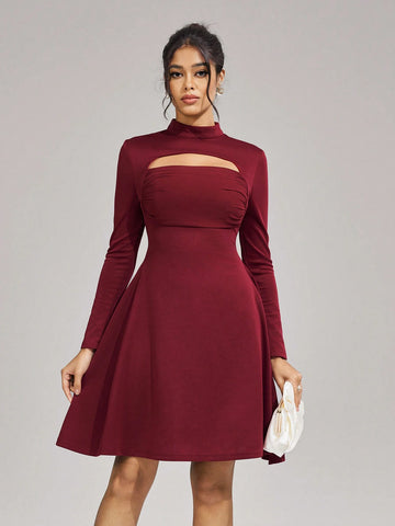 Women's Solid Color Stand Collar Long Sleeve Hollow-Out Elegant Ball Gown Dress (Heavy-Duty Embroidery) Women's Solid Color Stand Collar Long Sleeve Hollow-Out Elegant Ball Gown Dress (Heavy-Duty Embroidery)