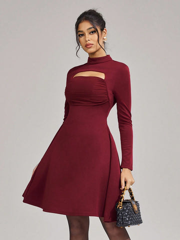 Women's Solid Color Stand Collar Long Sleeve Hollow-Out Elegant Ball Gown Dress (Heavy-Duty Embroidery) Women's Solid Color Stand Collar Long Sleeve Hollow-Out Elegant Ball Gown Dress (Heavy-Duty Embroidery)
