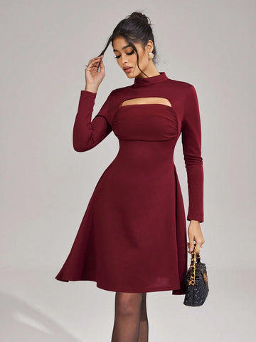Women's Solid Color Stand Collar Long Sleeve Hollow-Out Elegant Ball Gown Dress (Heavy-Duty Embroidery) Women's Solid Color Stand Collar Long Sleeve Hollow-Out Elegant Ball Gown Dress (Heavy-Duty Embroidery)