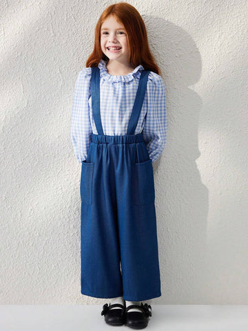 Young Girls' French Elegant Blue Woven Loose Suspender Pants, Autumn/Winter Young Girls' French Elegant Blue Woven Loose Suspender Pants, Autumn/Winter