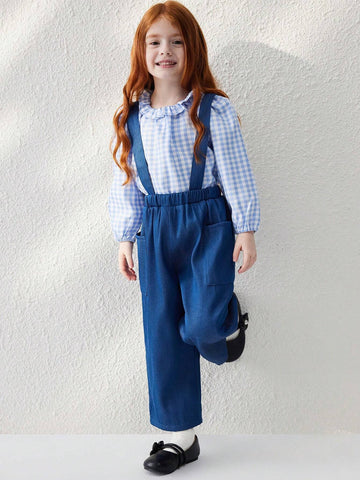 Young Girls' French Elegant Blue Woven Loose Suspender Pants, Autumn/Winter Young Girls' French Elegant Blue Woven Loose Suspender Pants, Autumn/Winter
