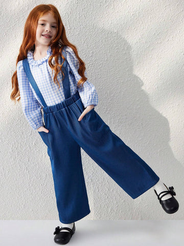 Young Girls' French Elegant Blue Woven Loose Suspender Pants, Autumn/Winter Young Girls' French Elegant Blue Woven Loose Suspender Pants, Autumn/Winter
