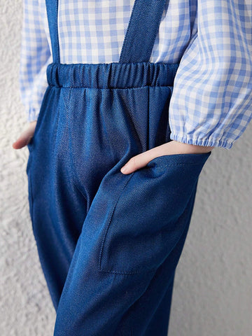 Young Girls' French Elegant Blue Woven Loose Suspender Pants, Autumn/Winter Young Girls' French Elegant Blue Woven Loose Suspender Pants, Autumn/Winter