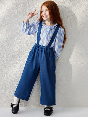 Young Girls' French Elegant Blue Woven Loose Suspender Pants, Autumn/Winter Young Girls' French Elegant Blue Woven Loose Suspender Pants, Autumn/Winter