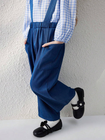 Young Girls' French Elegant Blue Woven Loose Suspender Pants, Autumn/Winter Young Girls' French Elegant Blue Woven Loose Suspender Pants, Autumn/Winter