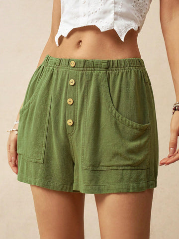 BohoFeels Casual Women's Solid Color Single Breasted Shorts For Spring/Summer BohoFeels Casual Women's Solid Color Single Breasted Shorts For Spring/Summer