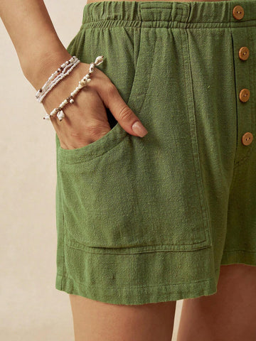 BohoFeels Casual Women's Solid Color Single Breasted Shorts For Spring/Summer BohoFeels Casual Women's Solid Color Single Breasted Shorts For Spring/Summer