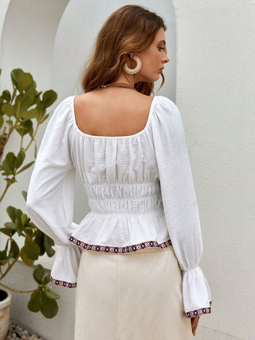 Contrast Trim Flare Sleeve Tie Front Ruffle Hem Blouse Contrast Trim Flare Sleeve Tie Front Ruffle Hem Blouse