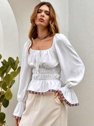 Contrast Trim Flare Sleeve Tie Front Ruffle Hem Blouse Contrast Trim Flare Sleeve Tie Front Ruffle Hem Blouse