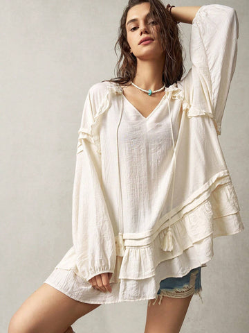 BohoFeels Vacation Loose Long Sleeve Shirt For Women, Featuring Flounce Trim BohoFeels Vacation Loose Long Sleeve Shirt For Women, Featuring Flounce Trim
