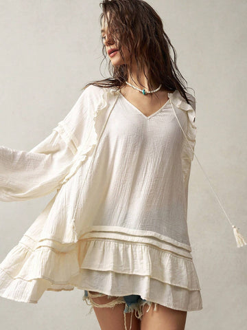 BohoFeels Vacation Loose Long Sleeve Shirt For Women, Featuring Flounce Trim BohoFeels Vacation Loose Long Sleeve Shirt For Women, Featuring Flounce Trim