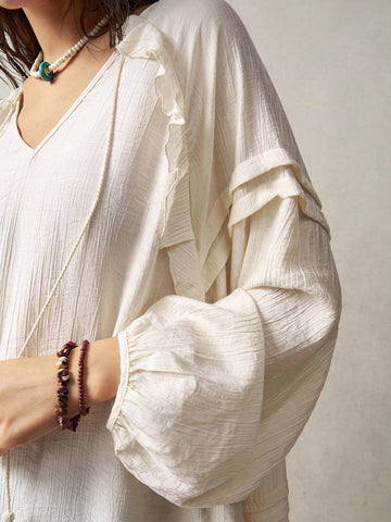 BohoFeels Vacation Loose Long Sleeve Shirt For Women, Featuring Flounce Trim BohoFeels Vacation Loose Long Sleeve Shirt For Women, Featuring Flounce Trim