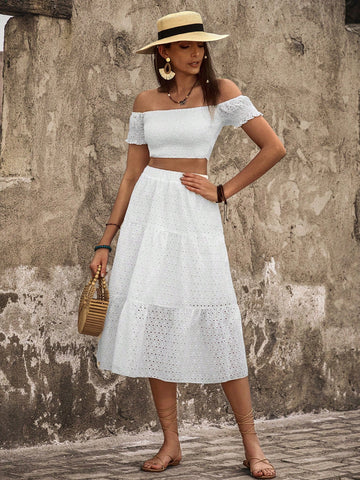 Women'S Off Shoulder Short Sleeve Cropped Top And Skirt Set Women'S Off Shoulder Short Sleeve Cropped Top And Skirt Set