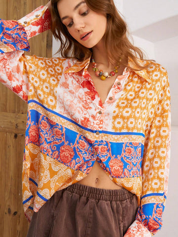 BohoFeels Women Fashion Flower Printed Vacation Shirt BohoFeels Women Fashion Flower Printed Vacation Shirt