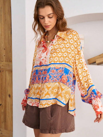 BohoFeels Women Fashion Flower Printed Vacation Shirt BohoFeels Women Fashion Flower Printed Vacation Shirt