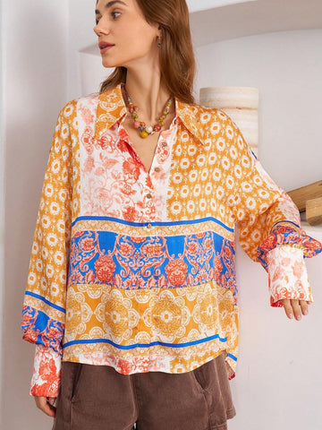 BohoFeels Women Fashion Flower Printed Vacation Shirt BohoFeels Women Fashion Flower Printed Vacation Shirt