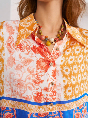 BohoFeels Women Fashion Flower Printed Vacation Shirt BohoFeels Women Fashion Flower Printed Vacation Shirt