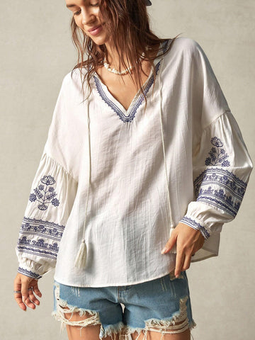 Women Loose Vacation Embroidered V Neck Lantern Sleeve Women Loose Vacation Embroidered V Neck Lantern Sleeve