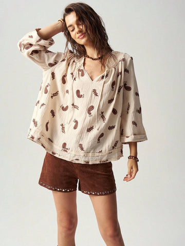 BohoFeels Women's Loose Fit Paisley Printed Notched V-Neck 3/4 Sleeve Vacation Shirt BohoFeels Women's Loose Fit Paisley Printed Notched V-Neck 3/4 Sleeve Vacation Shirt