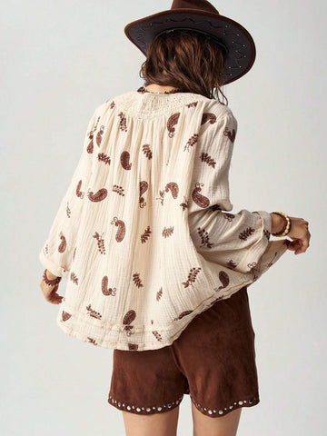 BohoFeels Women's Loose Fit Paisley Printed Notched V-Neck 3/4 Sleeve Vacation Shirt BohoFeels Women's Loose Fit Paisley Printed Notched V-Neck 3/4 Sleeve Vacation Shirt