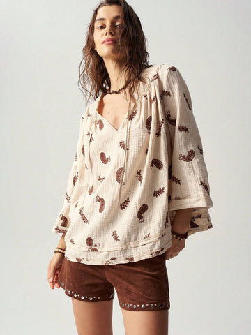 BohoFeels Women's Loose Fit Paisley Printed Notched V-Neck 3/4 Sleeve Vacation Shirt BohoFeels Women's Loose Fit Paisley Printed Notched V-Neck 3/4 Sleeve Vacation Shirt