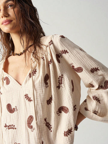 BohoFeels Women's Loose Fit Paisley Printed Notched V-Neck 3/4 Sleeve Vacation Shirt BohoFeels Women's Loose Fit Paisley Printed Notched V-Neck 3/4 Sleeve Vacation Shirt